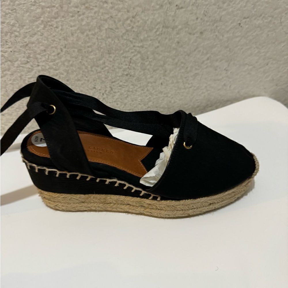 Ralph Lauren Black Uma Espadrille Wedge Ankle Wrap Platform Sandals Size 37